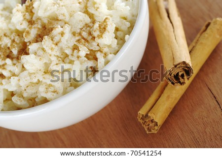 Rice pudding with ground cinnamon on top and cinnamon sticks on the side on wood (Selective Focus, Focus on the front rim of the bowl and the rice in the front)