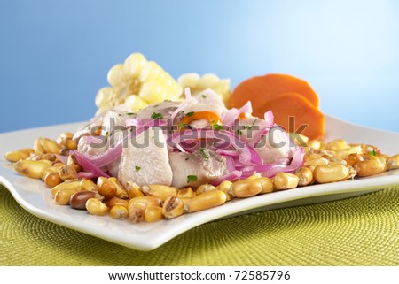 Peruvian ceviche made out of raw mahi-mahi fish (Spanish: perico), onions and aji (hot pepper) and served with roasted corn (cancha) and cooked corn and sweet potato (Selective Focus, Focus on front)