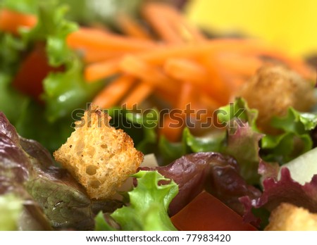 Crouton (sauteed bread) on fresh lettuce-tomato-cucumber-carrot salad (Very Shallow Depth of Field, Focus on the front of the crouton)