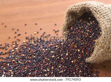Raw red quinoa grains in jute sack on wood (Selective Focus, Focus on the quinoa in the first part of the sack running through the picture to the left)