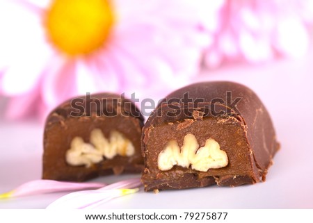 Two pecan nut truffle halves with pink flowers in the back (Selective Focus, Focus on the front upper corner of the right truffle half)