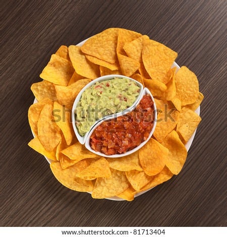 Cheese flavored nachos with guacamole (sauce based on avocado) and tomato salsa