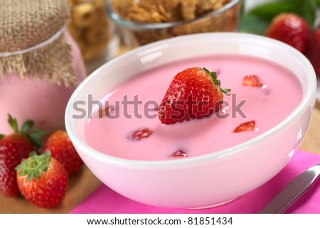 Strawberry yogurt with fresh strawberry surrounded by strawberries, cereals and yogurt in glass (Selective Focus, Focus on the strawberry in the yogurt)