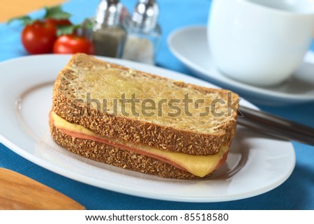 Croque Monsieur. Baked wholewheat bread sandwich filled with ham and cheese and grated cheese on top (Selective Focus, Focus on the front edge of the sandwich)