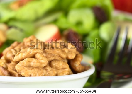 Raw walnut halves (lat. Juglans regia) in white bowl with Waldorf Salad and fork in the back (Very Shallow Depth of Field, Focus on the front of the nut)