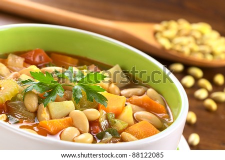 Vegetarian canary bean soup made of canary beans, celery, carrot, potato, tomato, leek, green onions (Selective Focus, Focus one third into the soup and the front of the parsley)