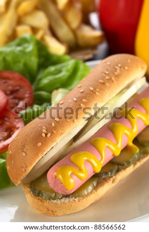 Hot dog with pickles, onion and mustard served with French fries (Selective Focus, Focus on the front end of the sausage)