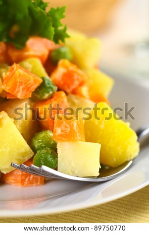Vegetarian Russian Salad, also called Salad Olivier, made of potato, carrot and peas mixed with mayonnaise (Selective Focus, Focus on the front of the vegetables on the fork)