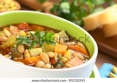 Vegetarian canary bean soup made of canary beans, celery, carrot, potato, tomato, leek, green onion with parsley on top (Selective Focus, Focus one third into the soup and the front of the parsley)