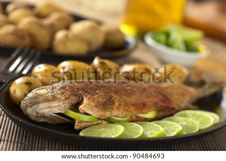 Fried trout with lime slices and potatoes with parsley in lime juice (Selective Focus, Focus on the lower part of the head)