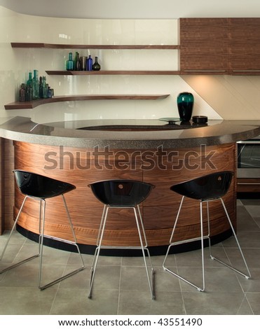 Beautiful and modern kitchen interior design. Hotel and home furnishing.
