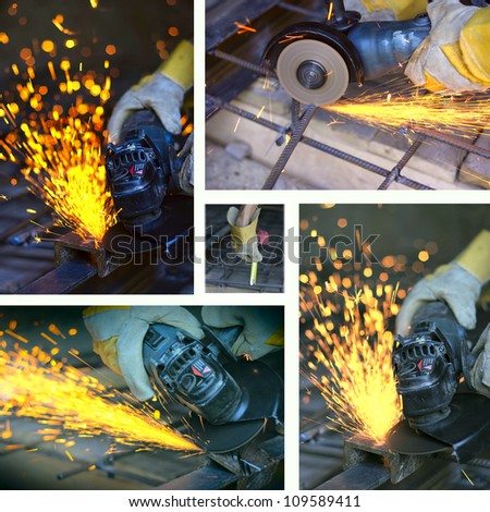 Collage of cutting metal with many sharp sparks
