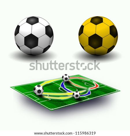 Collage. Soccer field tactic table, map on perspective geometry, soccer balls