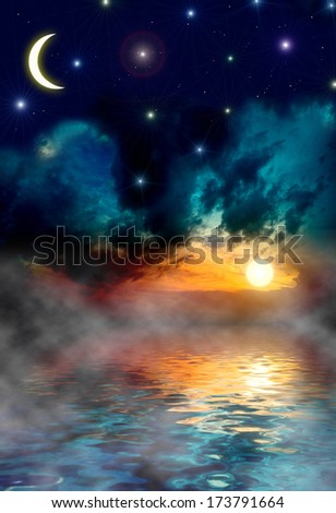 Beautiful night sky with a lot of stars and beautiful fog over the ocean