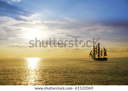 Ocean sunset and sail ship at Puerto Vallarta