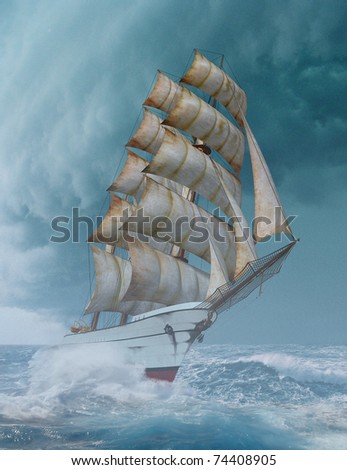 Sail ship into a hard storm