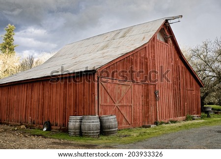 Old Red Barn, with wine barrels in front, California wine country