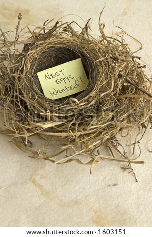 empty nest with a sign that read,Nest Eggs wanted