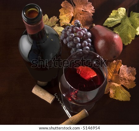 wine bottle and glass,cabernet,with grapes,pear,leaves,corkscrew,cork,autumn leaves