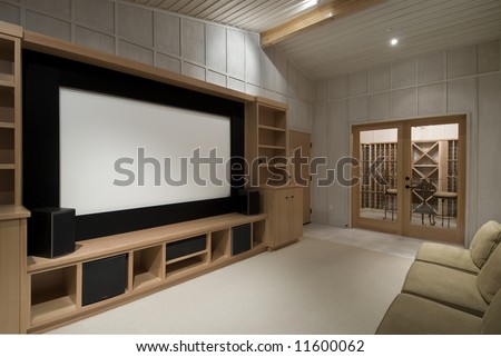 home theater with wine tasting room, big screen, wood cabinets,