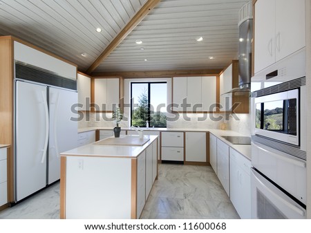 ultra modern white kitchen,all the lates appliances, center island,white countertops,frig,stove,oven,sink,wood ceilings and walls,marble backsplash and floor