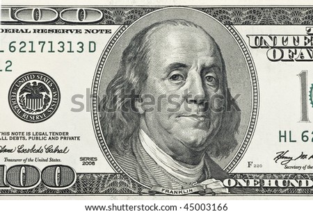 Detail of Ben Franklin on the 100 dollar bill