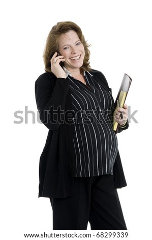 happy pregnant business woman in her forties, using cell phone, holding folder and note pad, pen, isolated on white
