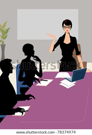 Confident professional business woman explaining a project to colleagues at the office meeting or conference with black board as background