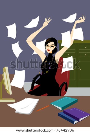 Business young woman in office jubilant at desk, with paper flying, document on desk