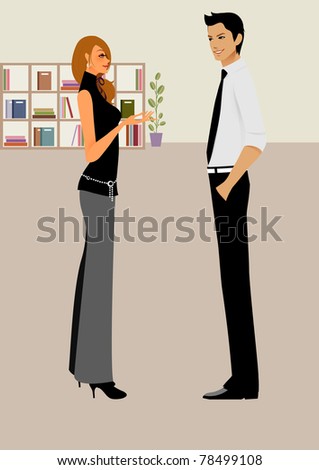 A business woman talke with a business man  in office with bookshef and white wall as background