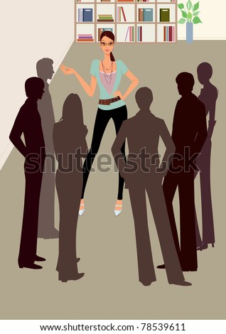 Young business woman talking to colleagues at office meeting, silhouette of business people brainstoming in office, talking, explaining