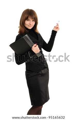 Business woman with a folder pointing over white background with copy space