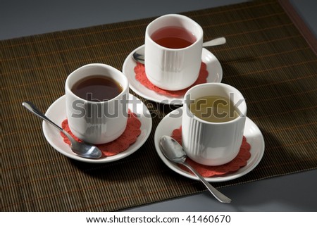 Three cups with different grades of tea