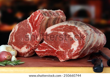 Raw prime rib beef roast in a restaurant.