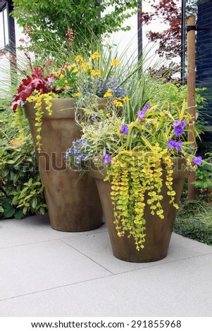 Two large containers of perennial garden flowers.
