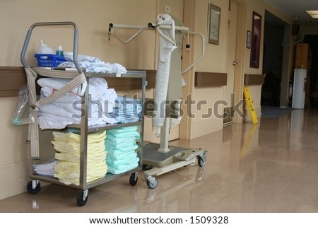 Laundry in hallway of hospital