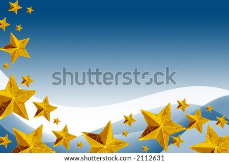 Golden Christmas stars on a snowy evening background.