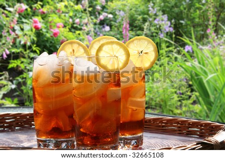 Summer lemon ice tea in the garden.