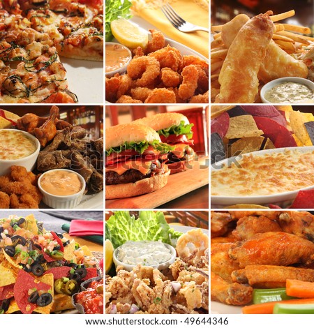 Collage of pub food including cheese burgers, wings, nachos, fries, pizza, ribs, deep fried prawns and calamari.
