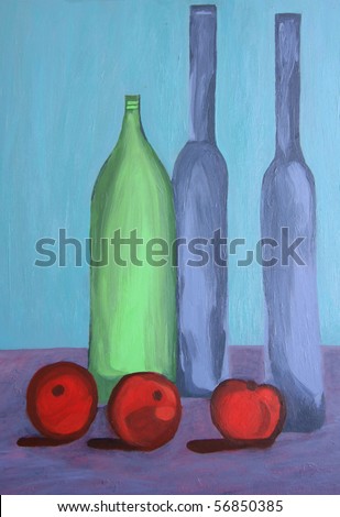 Acrylic painting of bottles and fruit.