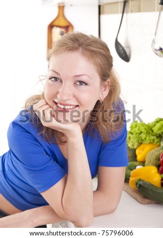 woman kitchen home food happy vegetabels female