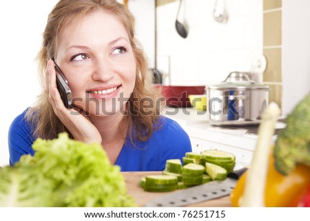 woman kitchen home food happy vegetables female