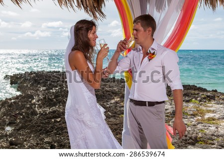 young loving couple on their wedding day, beautiful wedding arch on beach, outdoor beach wedding in tropics
