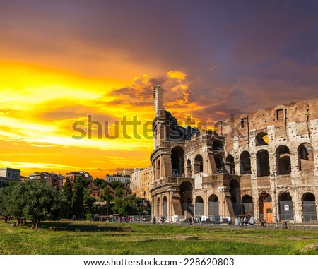 The Roman Coliseum at sunset.