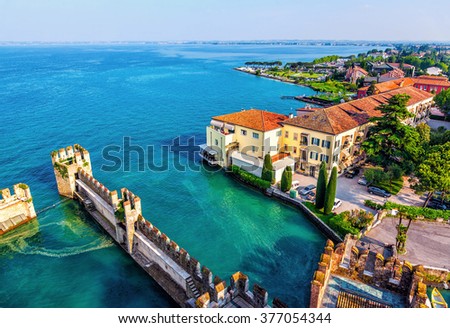 View of the Italian town of Sirmione and Lake Garda from the tower Scaliger