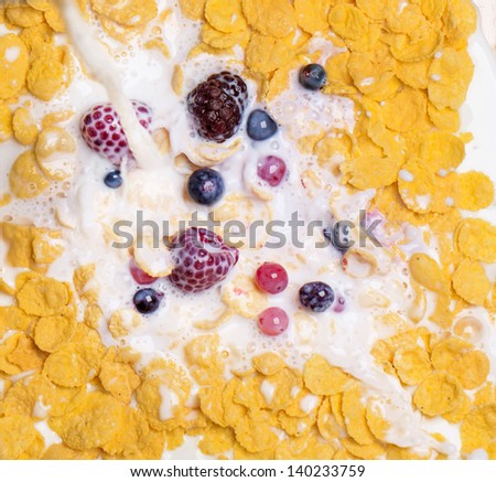 Appetizing top view of milk pouring into cereal with berries