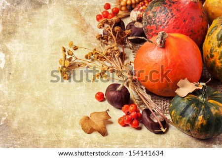 Autumn Mini Pumpkins, Berries, Chestnuts And Dry Flowers Over Old Textuded Background