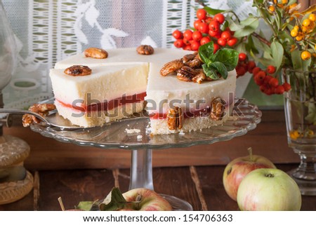 Apple cake server in rustic style with fresh apples on wooden table