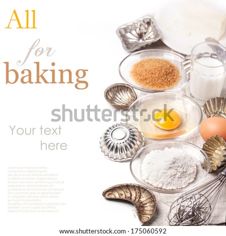 Ingredients for baking (flour, egg, brown sugar) with vintage cupcake\'s forms over white with sample text
