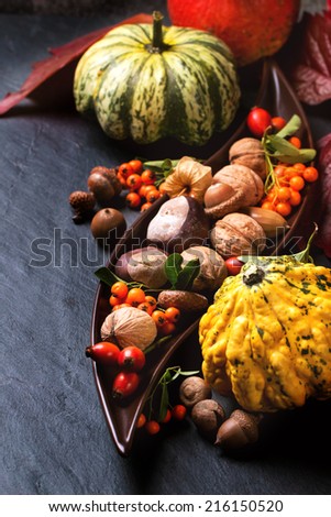 Pumpkins, nuts, berries and mushrooms chanterelle over black background.